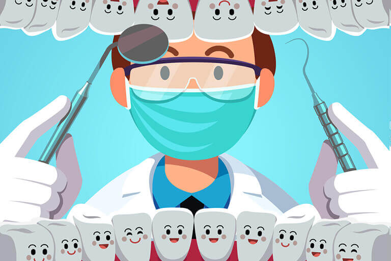 cartoon of dentist looking inside mouth