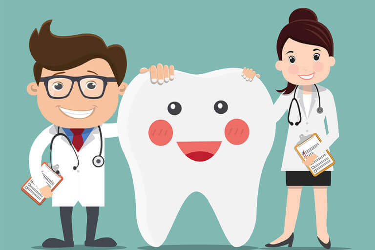 cartoon of dentists next to tooth